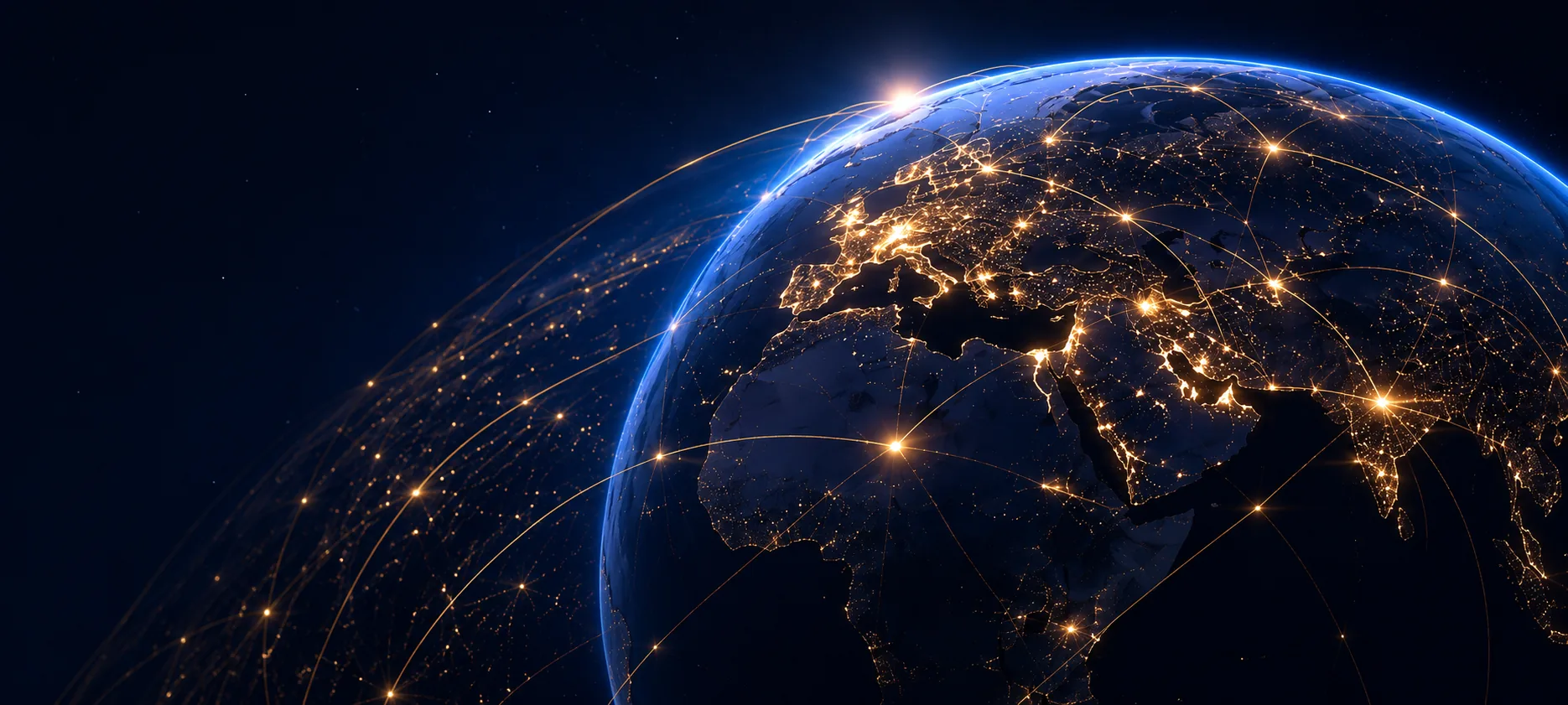 Dark global map with gold communication routes