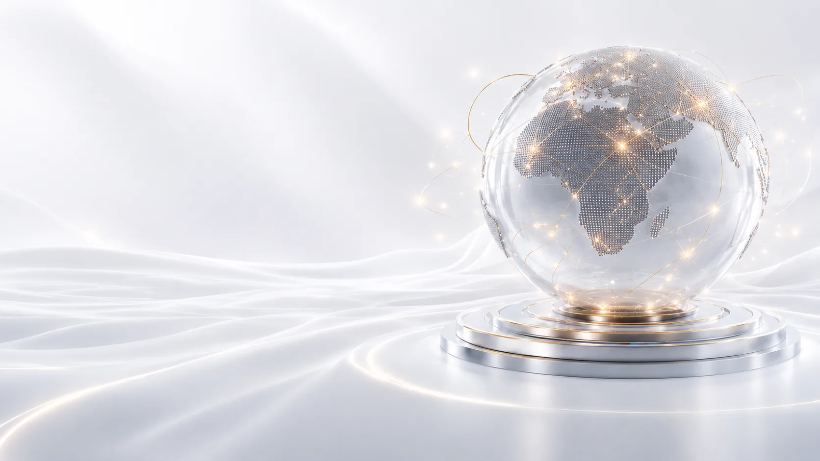 Frosted globe on a white and silver communication network background